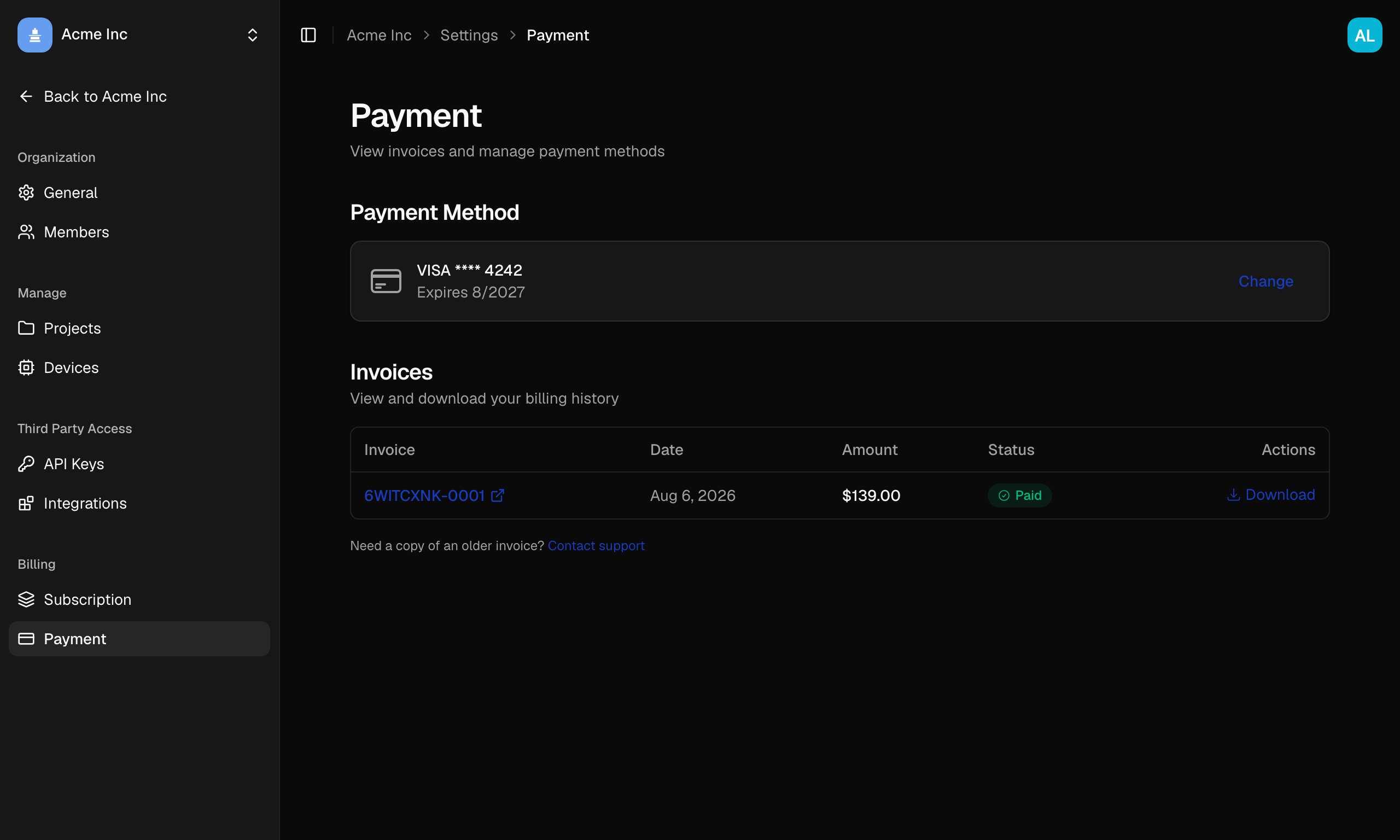 The Billing page showing the payment method and the invoice list.
