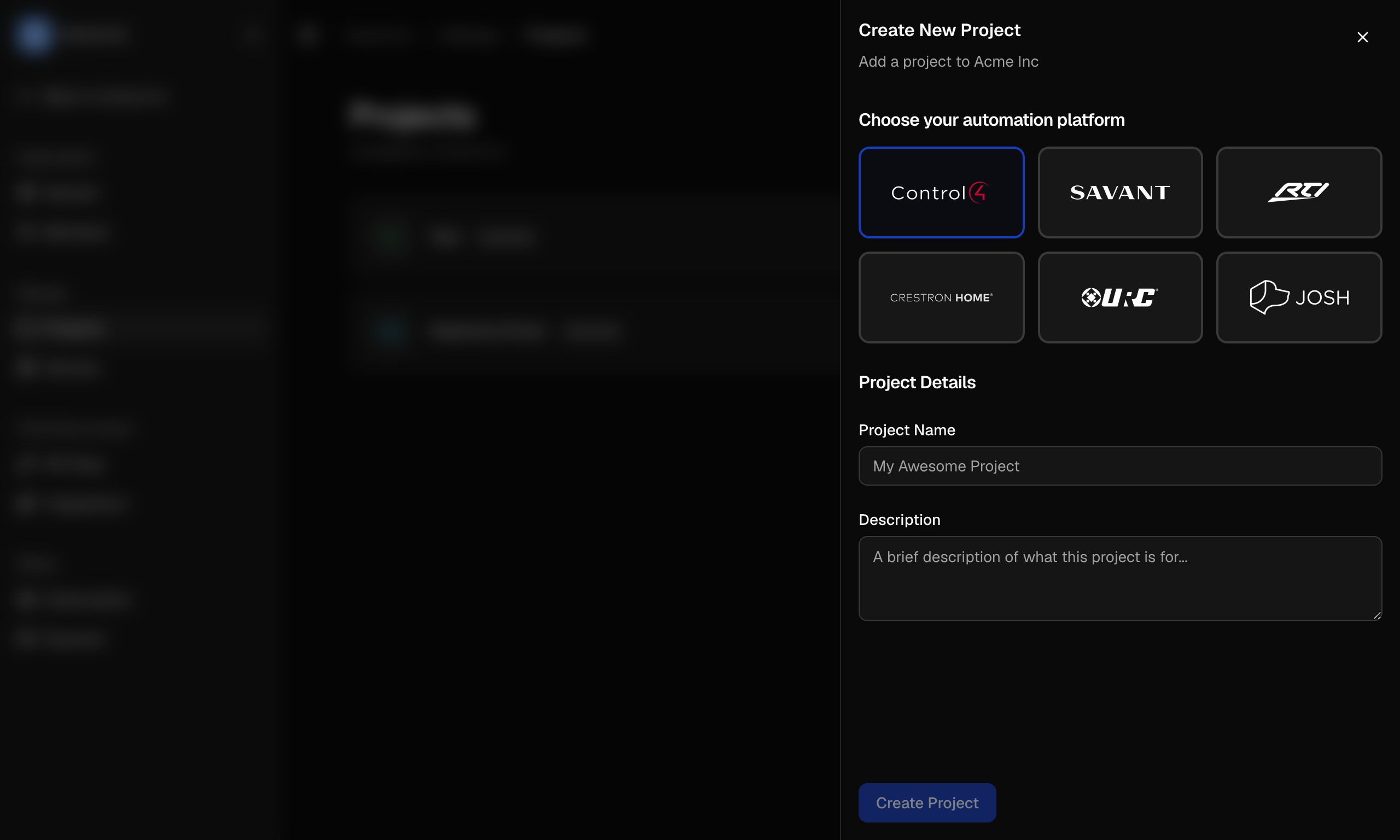 The Create New Project drawer, showing the platform selector and the name and description fields.