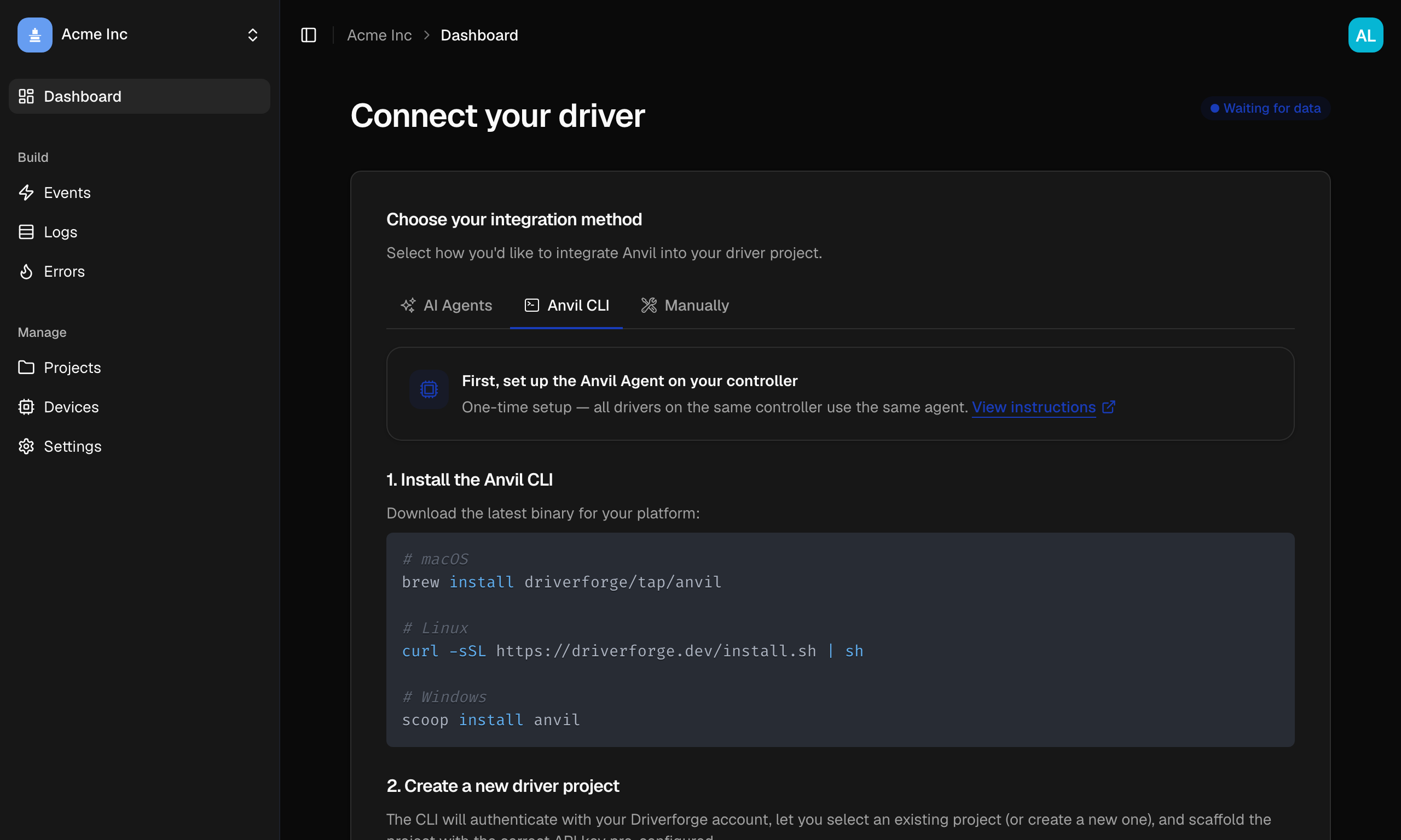 Anvil project dashboard