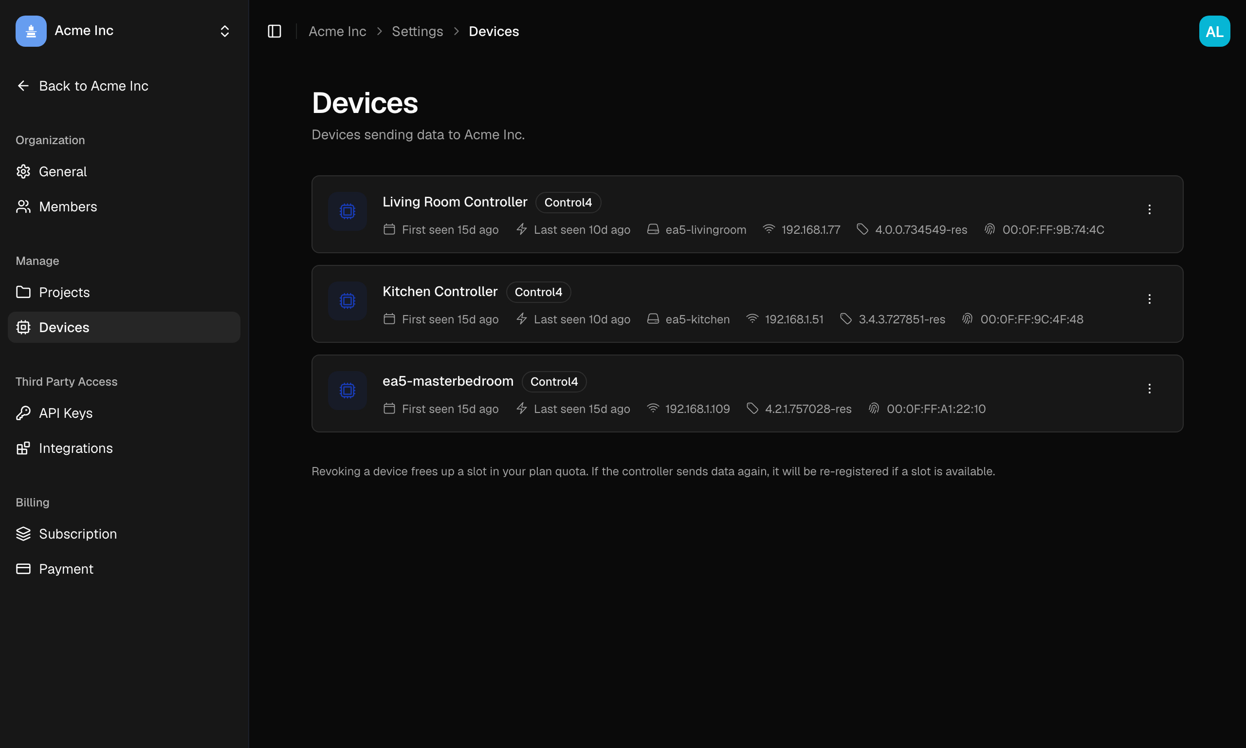 The Devices page listing controllers with their status and the per-device actions menu.