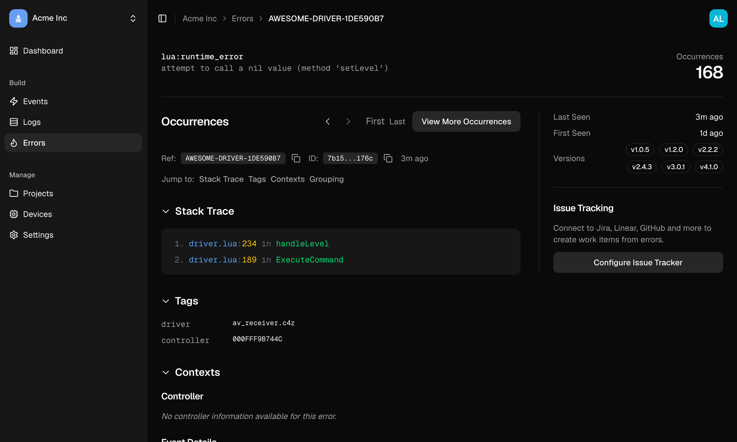 Error detail page showing stack trace, occurrences, and metadata
