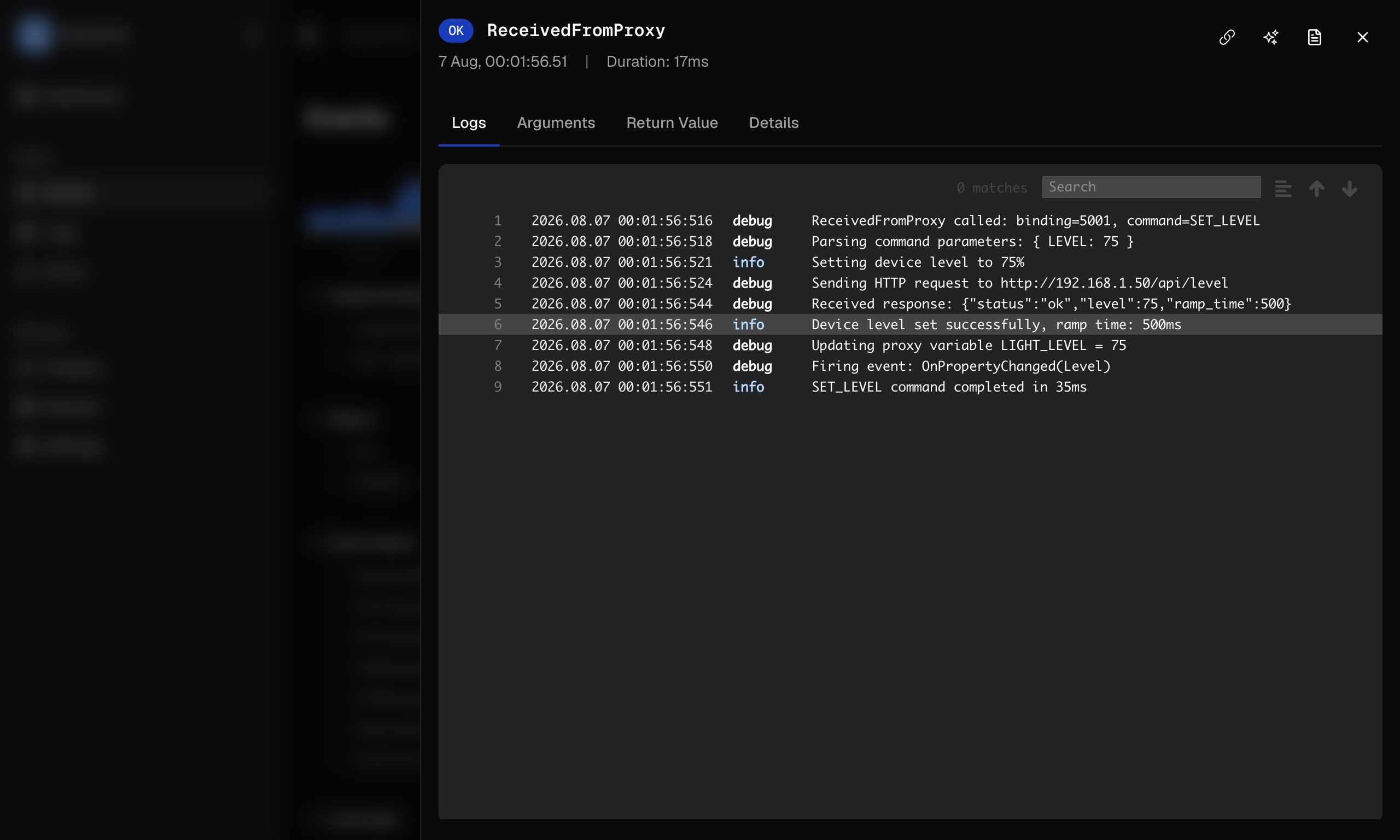 Event detail drawer showing arguments, logs, and timing