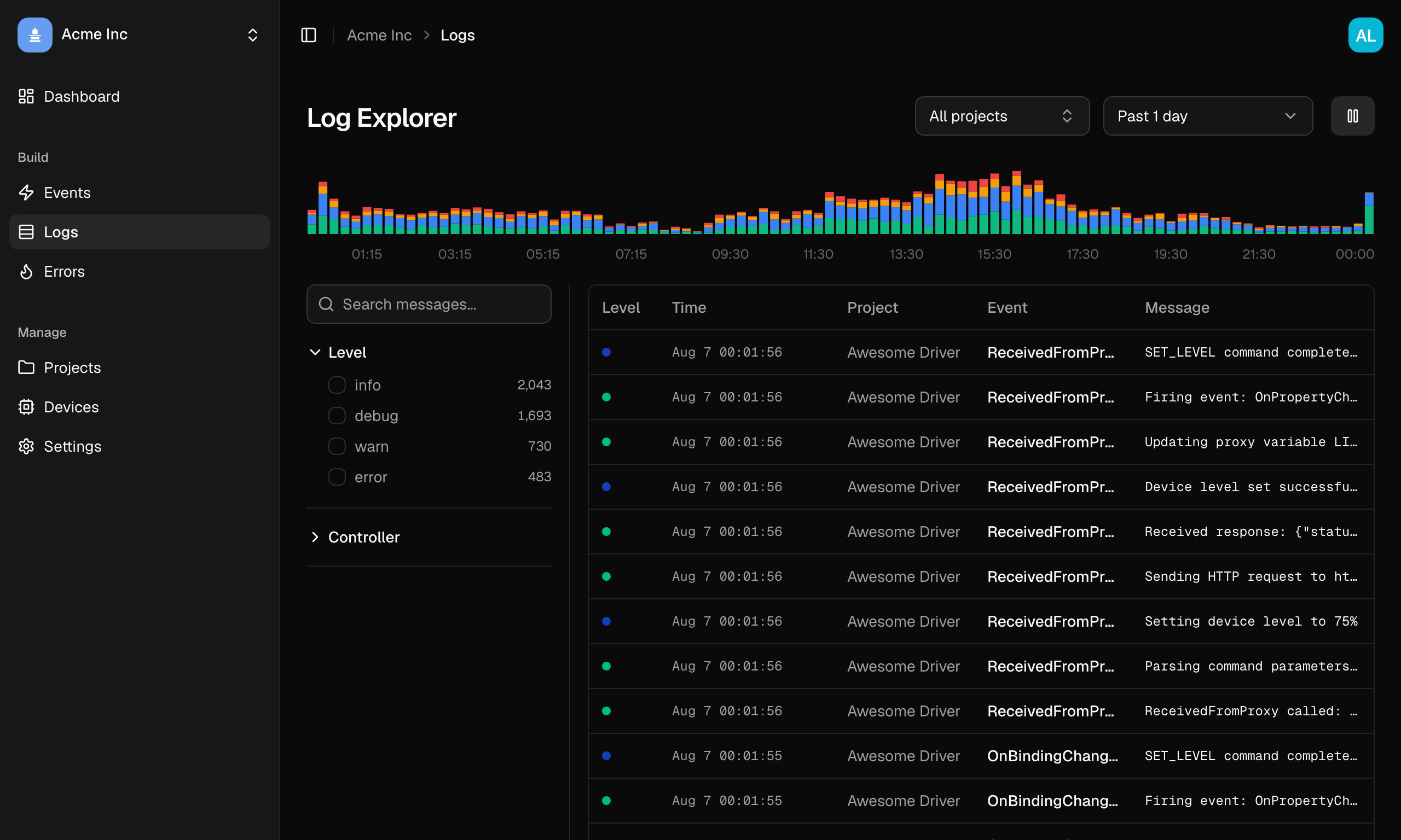 Logs page showing real-time log stream with level filtering