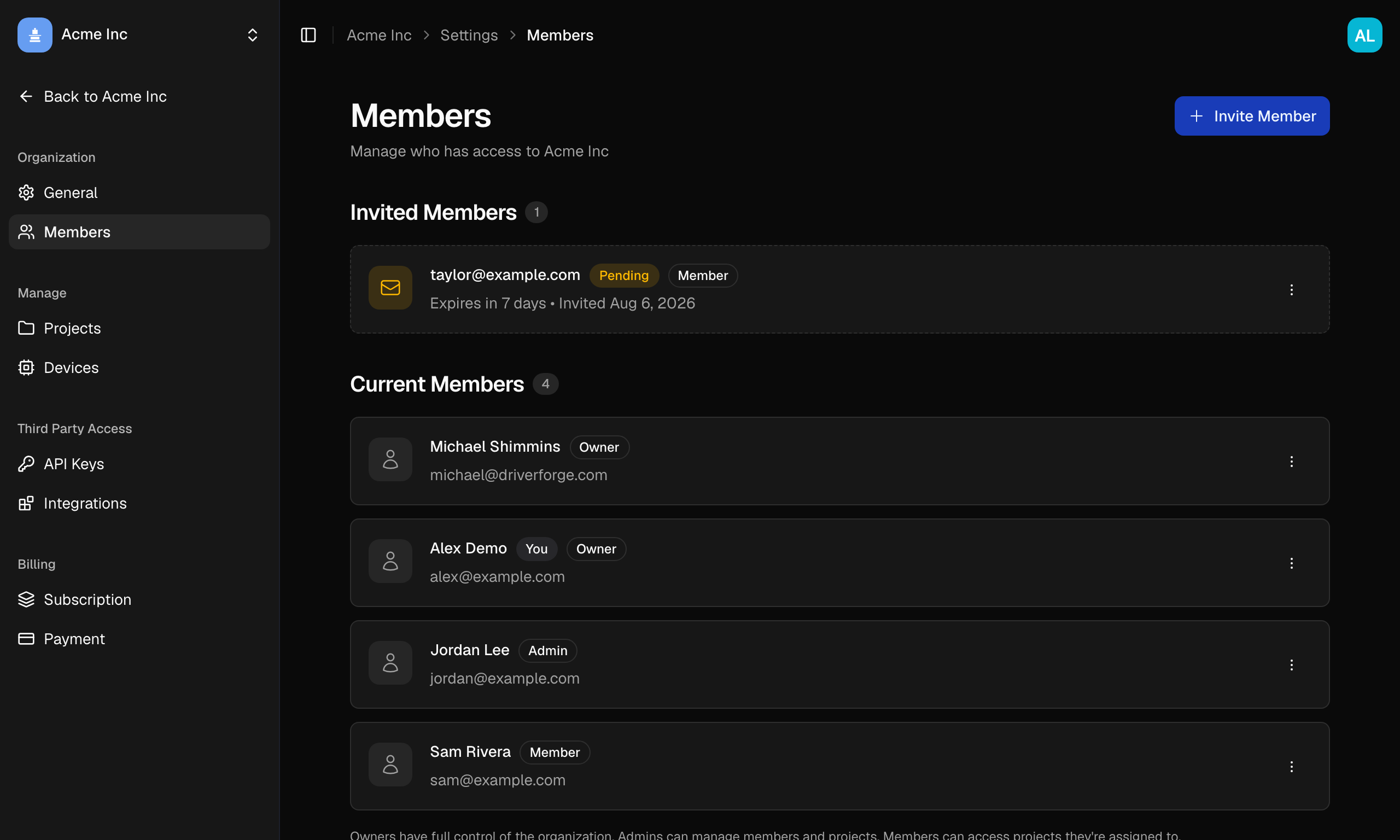 The Members settings page, showing Current Members and the Invite Member form.