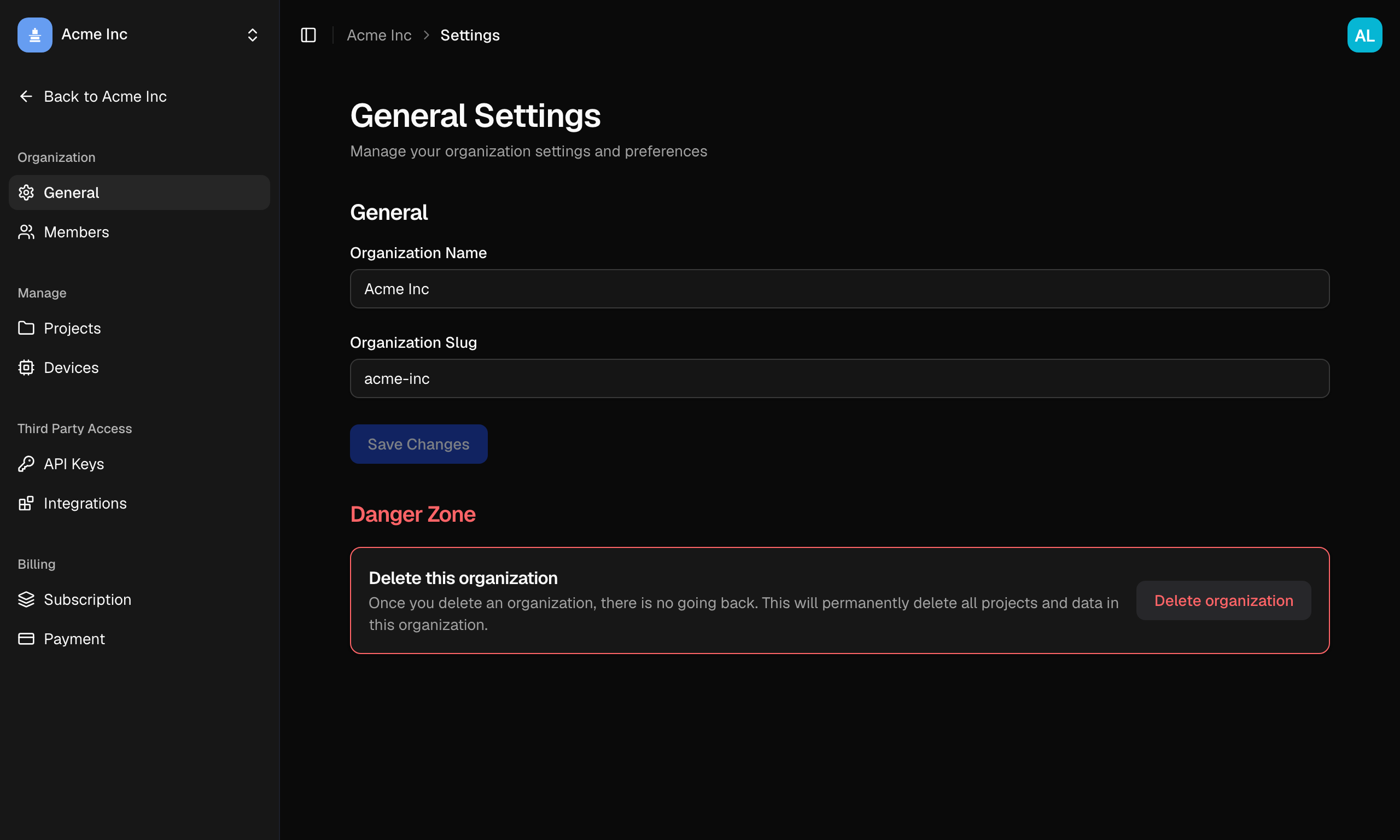 The organization settings General page, showing the name and slug fields.