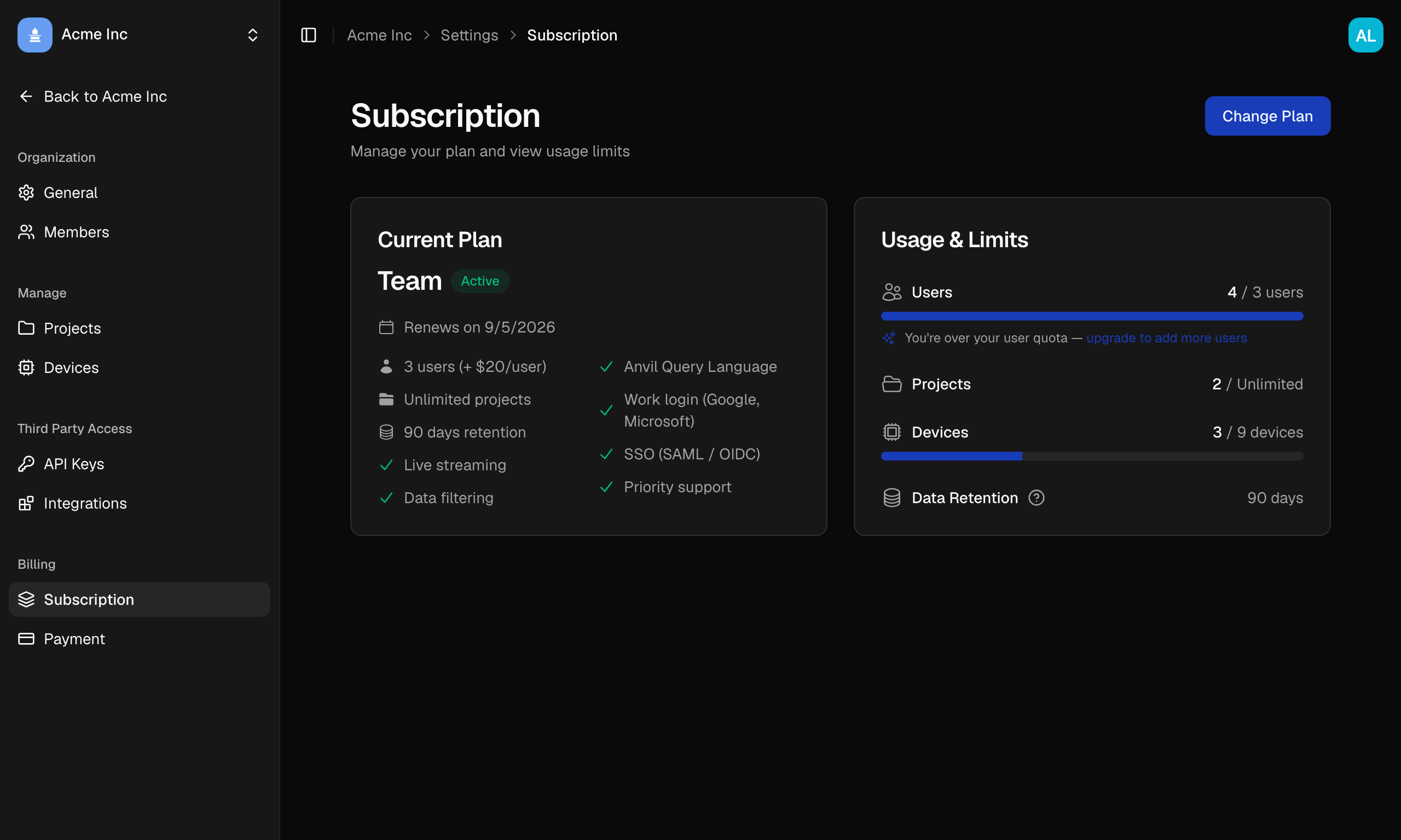 The Subscription page showing the current plan card and the Usage & Limits meters.